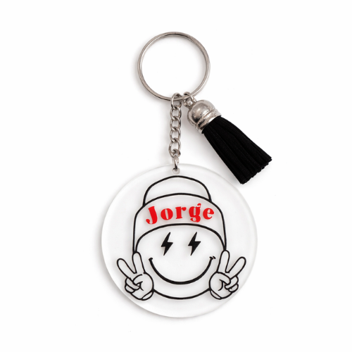 Llavero personalizado de metacrilato con carita feliz y nombre