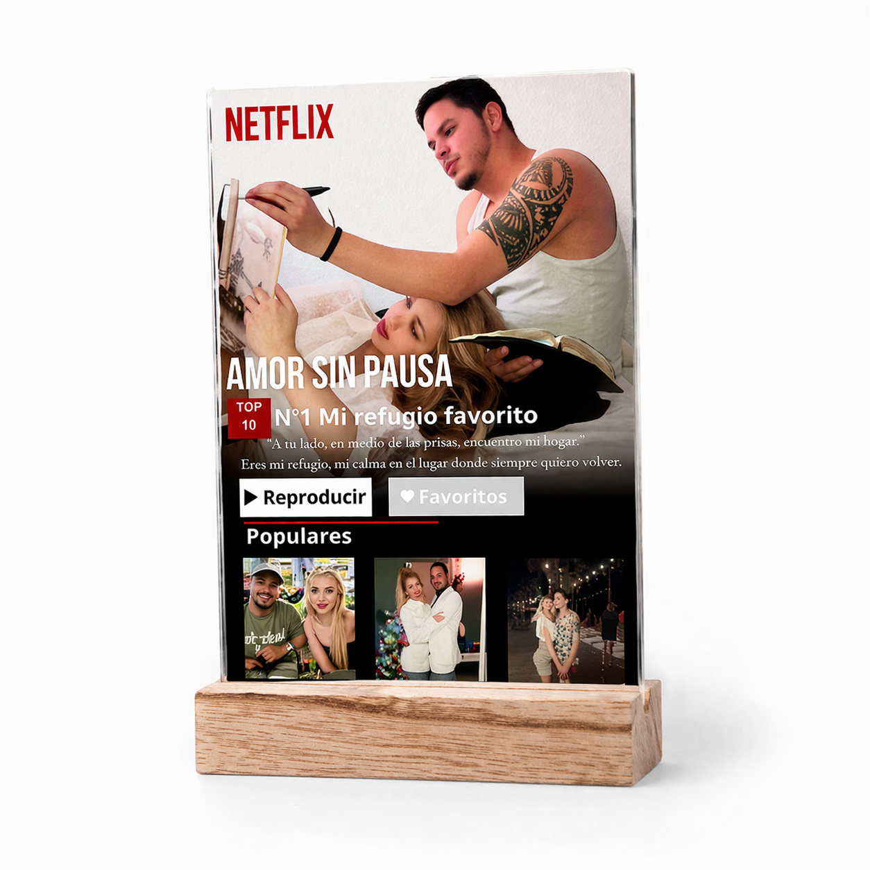 Placa personalizable tipo portada de NETFLIX con peana de madera