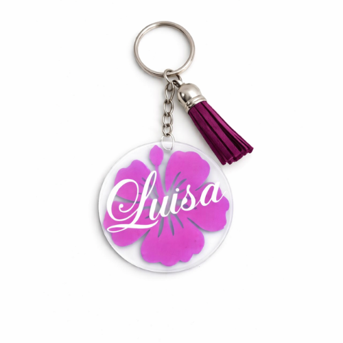 Llavero personalizado de metacrilato con flor hibiscus y nombre