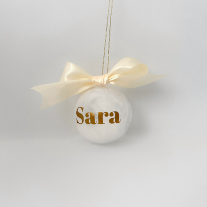 Bola de navidad personalizada con nombre - 8 cm transparente, rellena de plumas