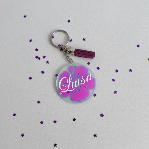 Llavero personalizado de metacrilato con flor hibiscus y nombre