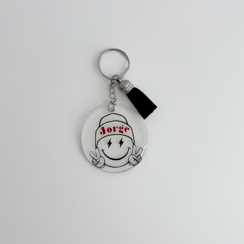 Llavero personalizado de metacrilato con carita feliz y nombre