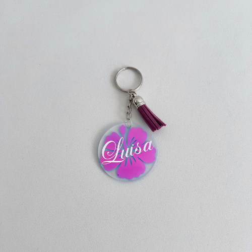 Llavero personalizado de metacrilato con flor hibiscus y nombre